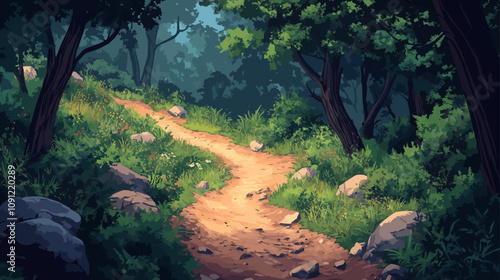Vector image of a mountain bike trail winding through lush forests and rocky paths.