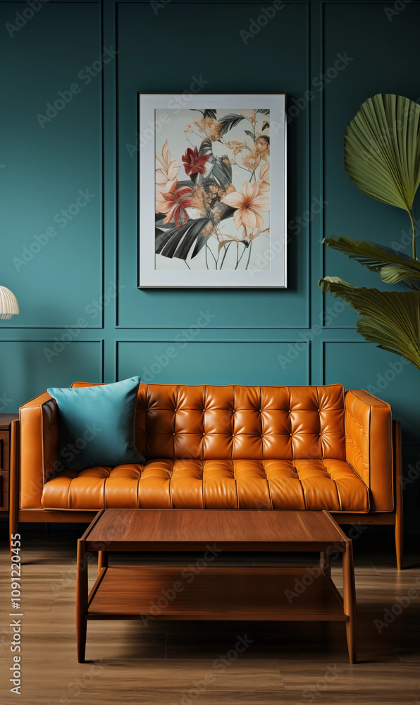 Obraz premium Mid Century Modern Living Room Orange Leather Sofa Teal Walls Floral Art