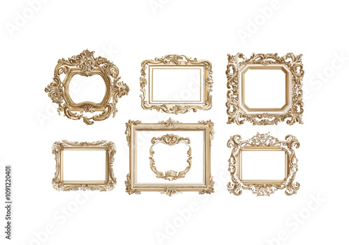 PNG A set of decorative antique frames and borders set. vintage rectangular decorations and ornate frame. Decorative wedding frames, antique museum picture frames or a deco divider.