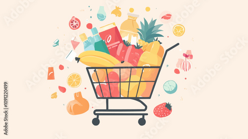 A colorful shopping cart filled with fresh fruits, vegetables, and packaged items ready for grocery shopping, Customizable flat illustration for grocery shopping.