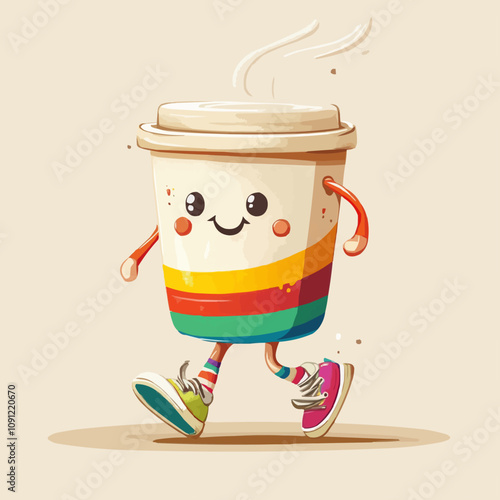 Retro cartoon groovy breakfast coffee cup character with a cheerful expression, wearing colorful sneakers. Isolated vector porcelain hot coffee mug personage walking with steam rising from its top