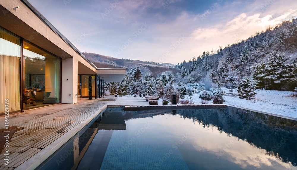 Fototapeta premium Modern Winter Retreat: A Glass Home in a Snowy Wonderland