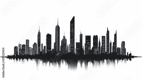 Vector silhouette of a city skyline with modern skyscrapers and tall buildings on a white background.