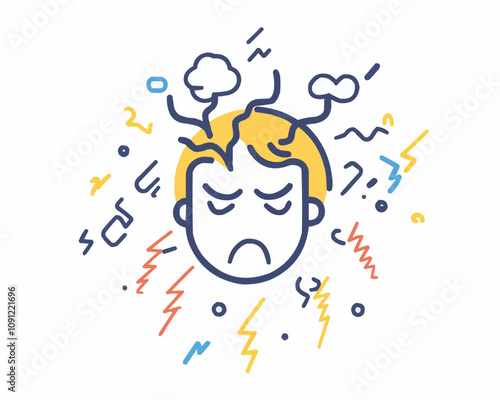 Stress psychological disorder problem, mental health vector linear icon, representing person with unhappy frowning face and lightning bolts, conveying the feeling of tension or pressure