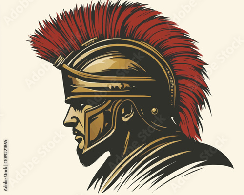 Soldier in helmet with mohawk, roman empire or greece warrior isolated man head portrait with sword. Vector legendary sparta hero, trojan fighter armored hoplite in red cloak. Mythology legionnaire