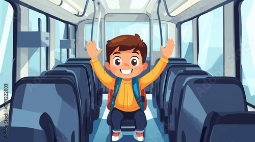 Boy waving inside bus. School transport chair back aisle interior background. Train seat for children passenger indoor. Commute or travel with autobus scene. Public city vehicle modern design