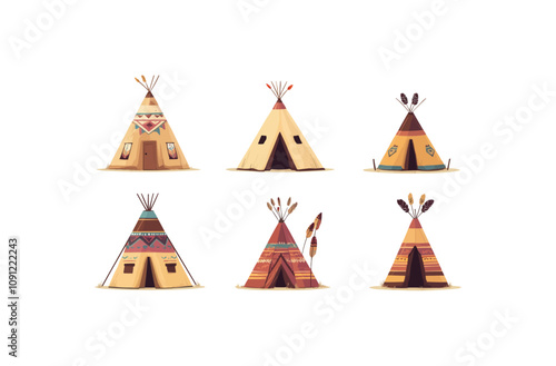 Indian wigwams. Native american traditional tent, Indians tipi trip ethnic tribe cone wild west house, set vector illustration