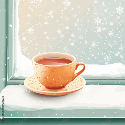 Vector image of a warm cup of tea resting on a windowsill with snowflakes outside.