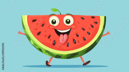 Cartoon retro groovy watermelon fruit character. Isolated vector quirky fruit personage with expressive eyes, sticking tongue and smiling face, cheerfully walking, exuding playful hippie summer vibes