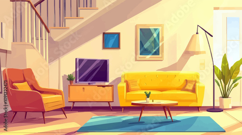 Living room interior furniture and design elements. Cartoon vector illustration set of home or hotel modern cabinetry - yellow sofa and armchair, stairs and tv, table and floor lamp, picture and plant
