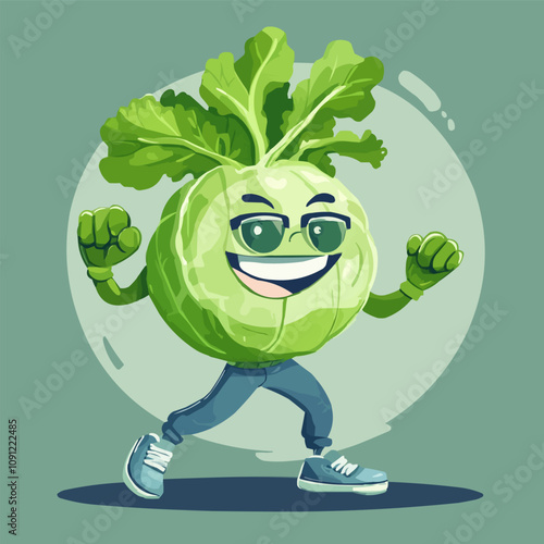 Groovy kohlrabi cabbage vegetable character. Vector ripe veggie, retro fun and quirky healthy vitamin food personage with a cheerful face, green leaves, gloves, and sneakers, striking a playful pose