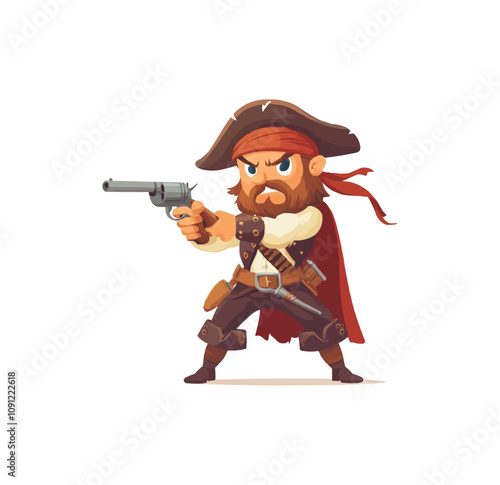 Cartoon italian pasta pirate or corsair character shooting guns. Brave tagliatelle corte pirate sailor vector personage with bandana, sword and cape. Cute macaroni buccaneer aiming antique guns