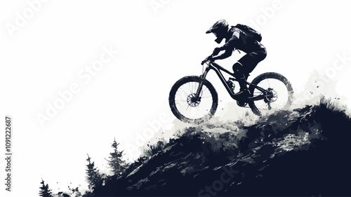 Silhouette of a mountain biker riding on rugged terrain, with detailed wheels and gear, on white background.