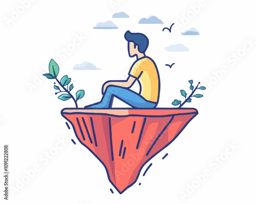 Psychology anxiety, phobia, acrophobia mental problem outline color icon. People psychology, mental disorder or acrophobia phobia thin line vector sign with sacred man sitting on edge of cliff