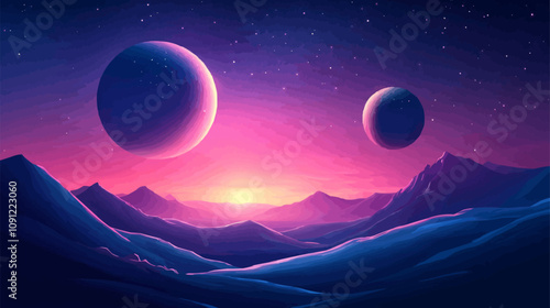 tranquility of a cosmic landscape with a vector scene illustrating a serene view of distant planets and moons. soft glow of celestial bodies against the backdrop of space