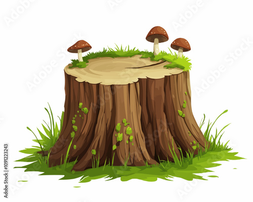 Tree stump with vibrant green moss and small mushrooms growing on it, surrounded by blades of grass. Cartoon vector cut trunk, forest landscape element, environment game asset, old wooden stump