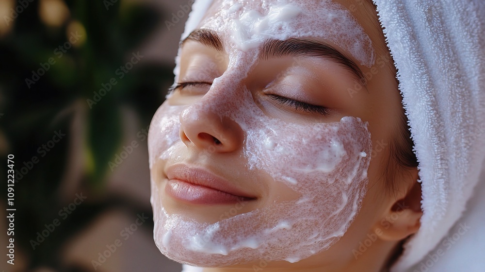 Naklejka premium Young woman with smooth skin and glowing features enjoying a skincare treatment, showcasing relaxation and self-care in a serene environment with gentle lighting.