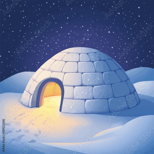 Vector illustration of an igloo lit from the inside with soft snow falling around it.