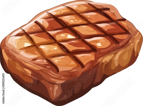 Cartoon meat steak. Isolated vector juicy, grilled steak with sear marks, showcasing its tender texture and rich, savory appeal. Roasted brown slice of beef, barbecue meal, beefsteak or sirloin fillet
