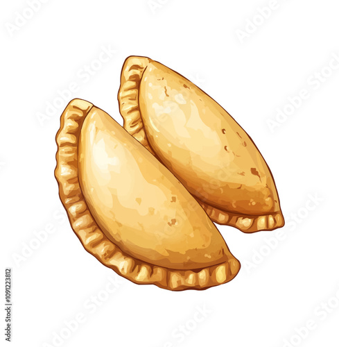 Cartoon Mexican empanadas, two golden, baked doughy empanada pockets with a crimped edge, delicious, crispy texture, filled with meat. Isolated vector traditional tex mex pastry, bakery food