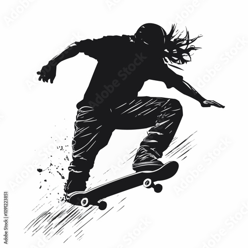 Silhouette of a skateboarder mid-trick, with dynamic motion lines, set against a white background.