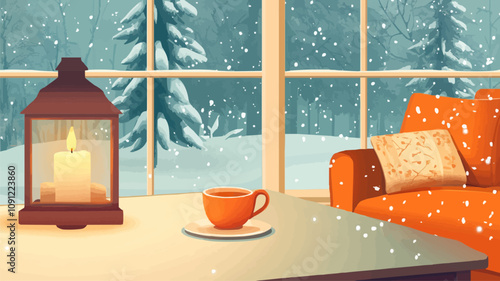 Warm and Cozy Winter Vector Illustration Hygge Interior. Lantern, Candle Light, and a Mug of Tea at the Sofa by the Winter Window with Snowy Forest Landscape Outside. Generative AI.
