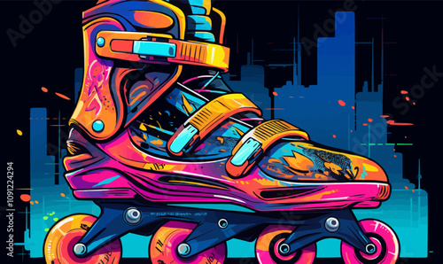 Classic 90s rollerblades with neon wheels and retro graffiti on body. Vector illustration.