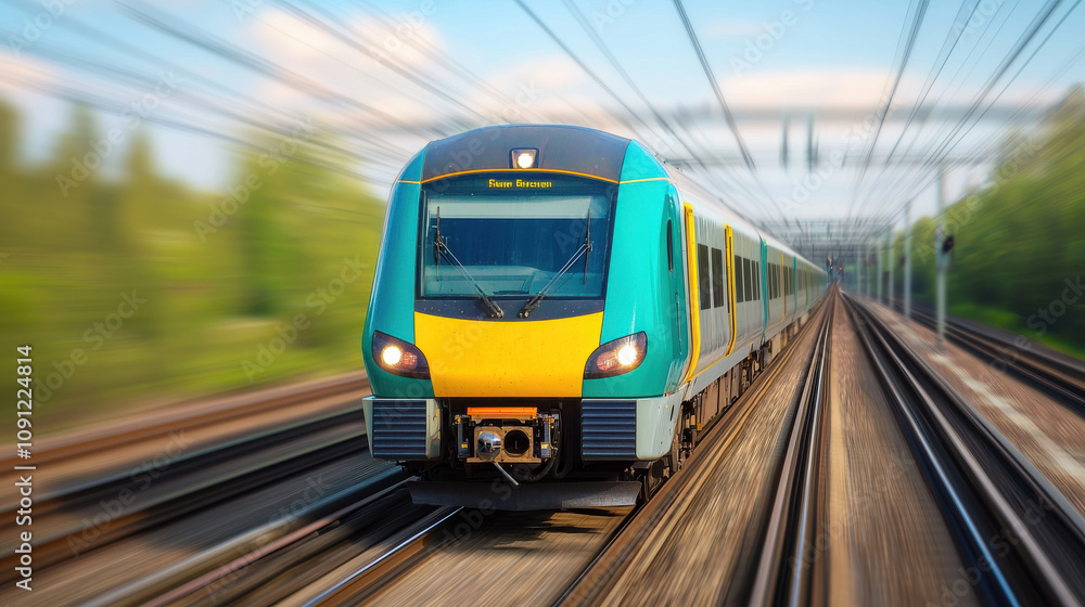 Fototapeta premium Fast moving train on railway tracks with blurred background
