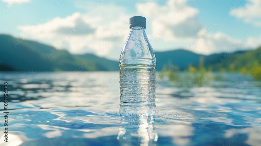 Plastic bottle stands in lake with mountain backdrop. Plastic bottle stands in lake with mountain backdrop.