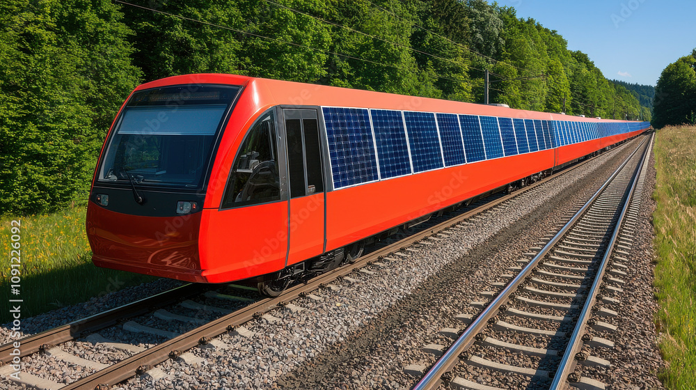 Obraz premium Solar powered train on railway tracks surrounded by greenery