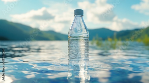 Plastic bottle stands in lake with mountain backdrop.