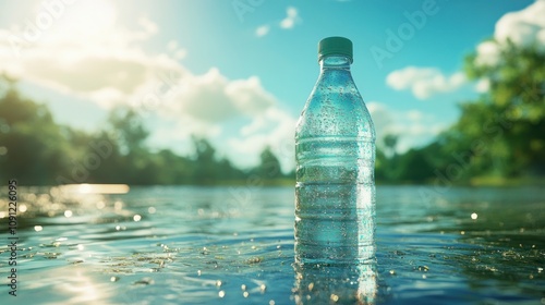 Clear bottle floating in a sunny lake environment photo