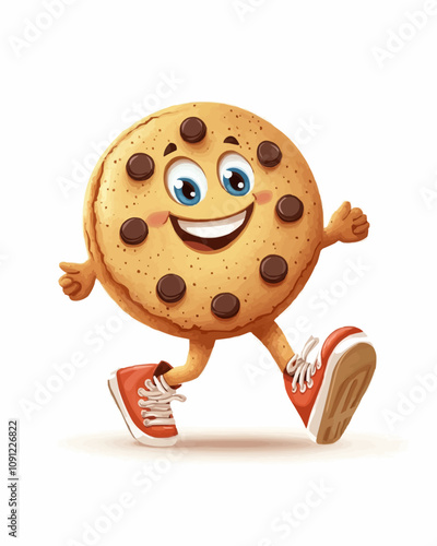 Cartoon groovy Christmas gingerbread cookie character with a lively expression and bright retro sneakers. Isolated vector festive holiday pastry, round cookie with chocolate chips cheerfully strolling