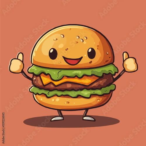 Retro groovy fast food burger character. Isolated cartoon vector retro tasty beefburger fastfood personage with a beef and lettuce, showing thumbs-up with a wide smile, exudes cool funky 60s 70s vibe