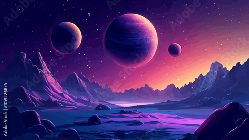 tranquility of a cosmic landscape with a vector scene illustrating a serene view of distant planets and moons. soft glow of celestial bodies against the backdrop of space