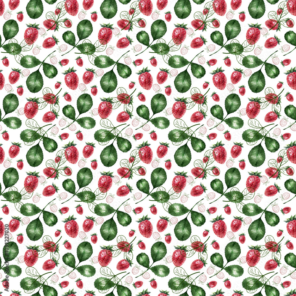 Watercolor seamless pattern with leaves and twigs ripe strawberries Watercolor seamless pattern with leaves and twigs ripe strawberries