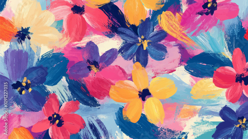 Colorful flowers on abstract brushstrokes background. Acrylic flowers, leaves, paint smears seamless pattern. Hand painted illustration for modern fabric, textile, backdrop etc design