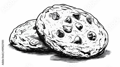 Simple outline of two chocolate chip cookies, black and white, holiday treat