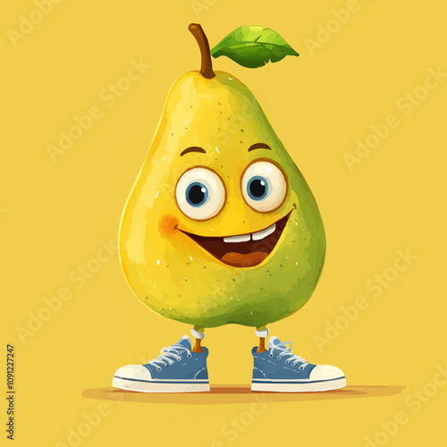 Cartoon groovy pear fruit character. Isolated vector cheerful anthropomorphic food personage with expressive eyes, smiling face and retro sneakers, exuding healthy hippie fun, and playful summer vibes