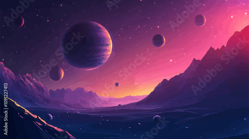 tranquility of a cosmic landscape with a vector scene illustrating a serene view of distant planets and moons. soft glow of celestial bodies against the backdrop of space