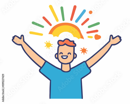 PNG Euphoria psychological disorder problem, mental health. Isolated vector thin line icon. Symbol of ecstasy and bliss, capturing the essence of pure joy and excitement, happy man with sun