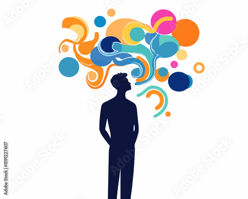 Mental health icon, intrusive thoughts psychological disorder problem. Vector sign of man suffering from persistent thought bubbles with swirling tendrils, unwelcome thought that intrude upon the mind