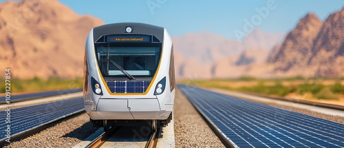 Solar powered train on tracks with solar panels in desert landscape