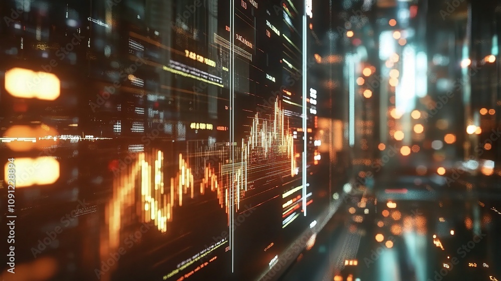 Obraz premium Virtual Financial Market Data Visualization with Dynamic Graphs and Lights in 3D Space, Showcasing Financial Models and Trends for Economic Analysis