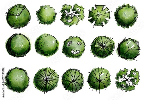 Top View of Watercolor Trees in Different Canopy Shapes Isolated on White Background for Landscape Architecture and Garden Planning