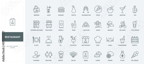 Fast food menu, cocktails and wine, sushi and snacks for celebration or dinner, delivery thin black outline symbols vector illustration. Restaurant food and drink, cafe services line icons set.