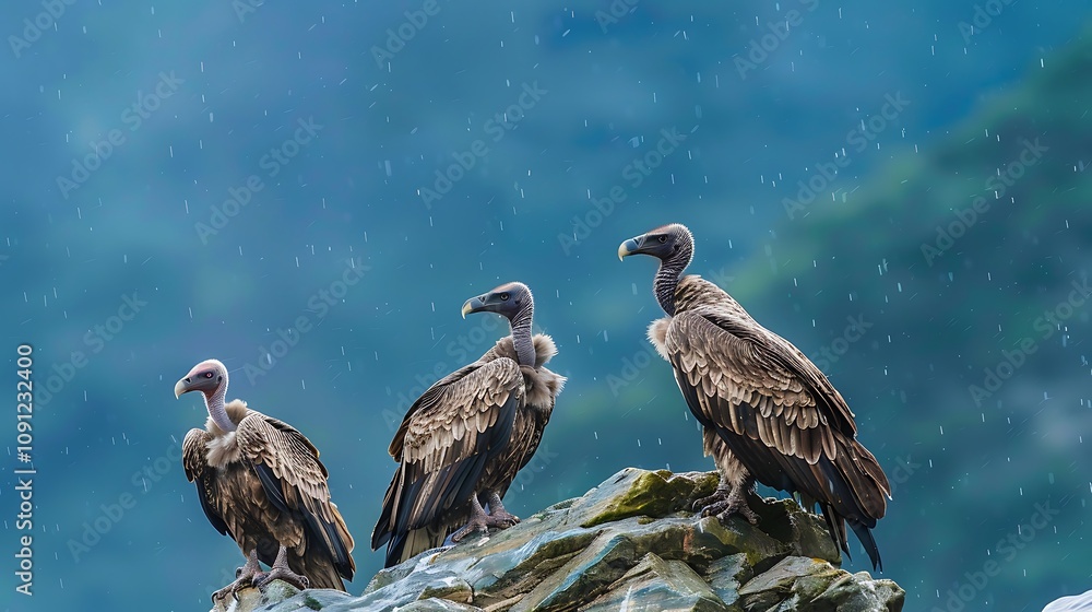 Fototapeta premium Three Vultures Perched on a Cliff During a Rain Shower