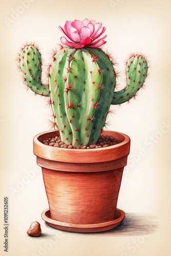 Happy Cute Smiling Celebrating Cartoon Cactus Birthday Anniversary Wedding Christmas Illustration Isolated Background Copy Space For Text Logo Or Other Overlay 300 PPI High Resolution Image