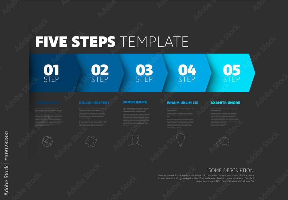 Five blue progress block steps template with descriptions and icons on dark background