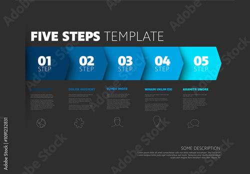 Obraz na płótnie Five blue progress block steps template with descriptions and icons on dark background w salonie